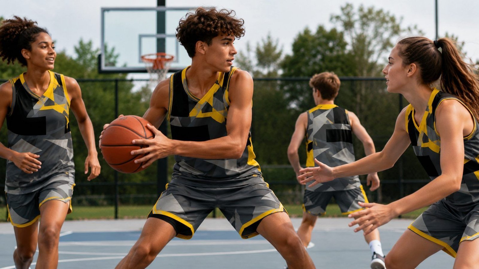 Basketball team in custom grey and yellow uniforms